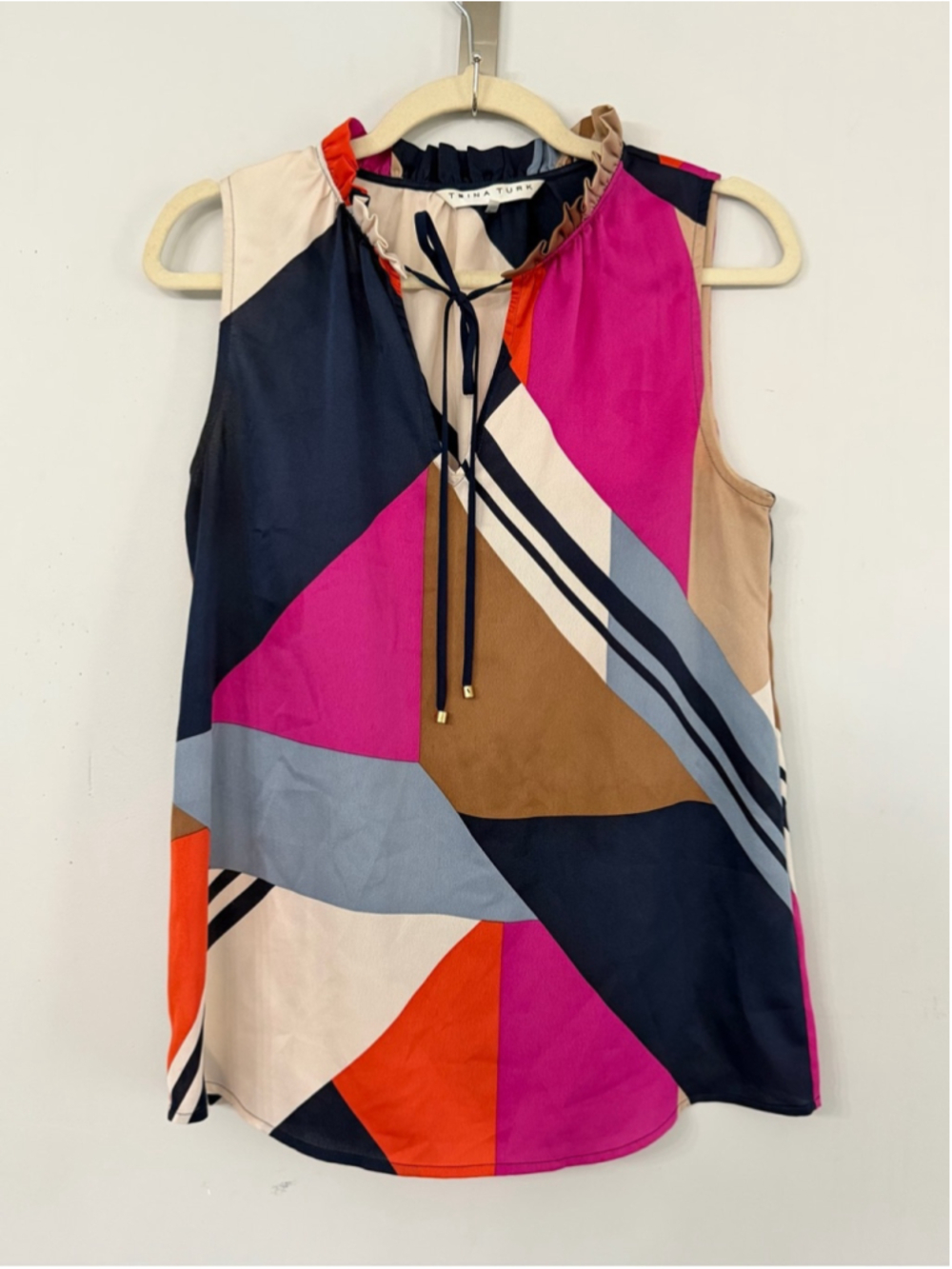 Trina Turk women’s designer sleeveless ruffle v-neck tie front geometric blouse